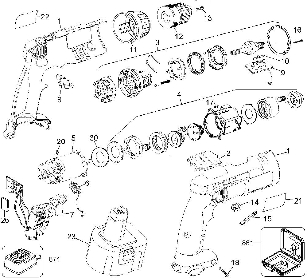 Exploded Diagram A Diagram and Parts List for 2894K-AU Type 1 Black and Decker Cordless Drill